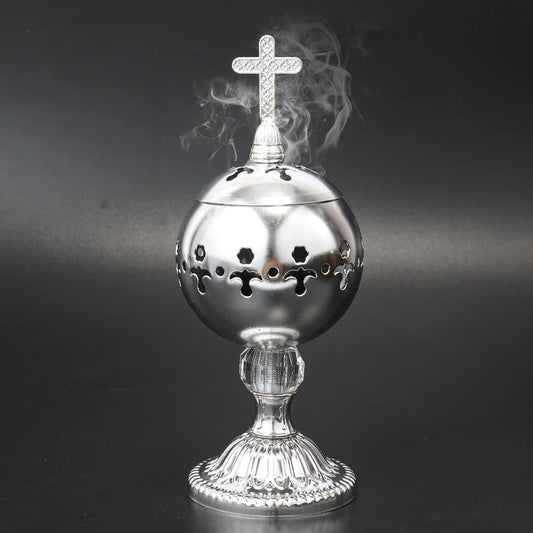 ✝️Jesus bless you✝️🌟 Silver Charcoal Incense Burner Catholic Cross Censer – Brass Plated Distiller for Church & Home 🌟